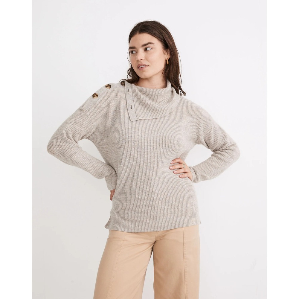 Madewell Button-Shoulder Turtleneck Sweater In Heather Mist- Wool Blend- Small